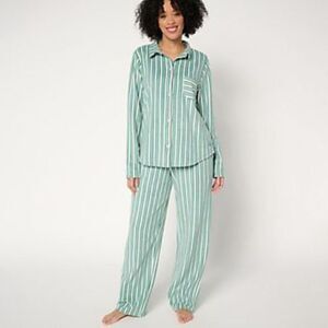 Cuddl Duds Petite Fleecewear PJ Set Green Stripe Sp NWT IN PKG